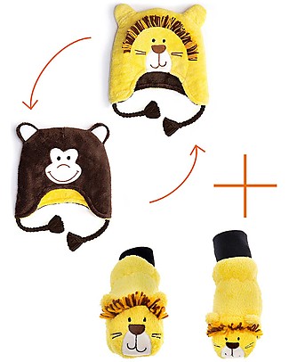 FlapJackKids Set Cappello Reversibile Leone/Scimmia + Guanti Leone - Pile Anti-UV SPF 50+ Cappelli Invernali