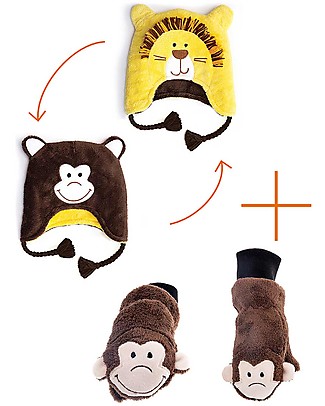 FlapJackKids Set Cappello Reversibile Leone/Scimmia + Guanti Scimmia - Pile Anti-UV SPF 50+ Cappelli Invernali