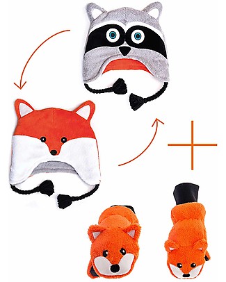 FlapJackKids Set Cappello Reversibile Orsetto Lavatore/Volpe + Guanti Volpe - Pile Anti-UV SPF 50+ Cappelli Invernali