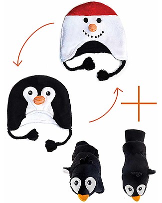 FlapJackKids Set Cappello Reversibile Pupazzo/Pinguino + Guanti Pinguino - Pile Anti-UV SPF 50+ Cappelli Invernali