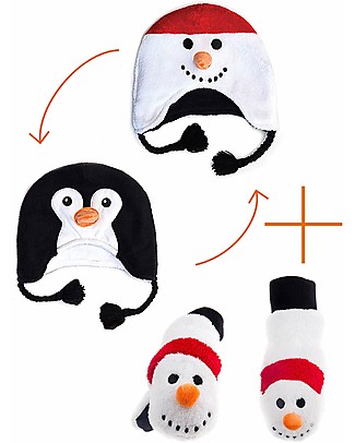 FlapJackKids Set Cappello Reversibile Pupazzo/Pinguino + Guanti Pupazzo - Pile Anti-UV SPF 50+ Cappelli Invernali