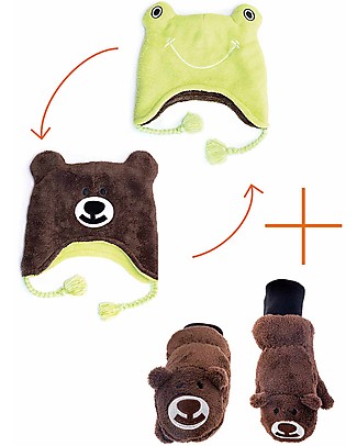 FlapJackKids Set Cappello Reversibile Rana/Orso + Guanti Orso - Pile Anti-UV SPF 50+ Cappelli Invernali