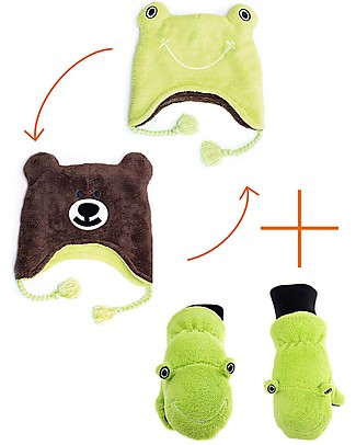 FlapJackKids Set Cappello Reversibile Rana/Orso + Guanti Rana - Pile Anti-UV SPF 50+ Cappelli Invernali