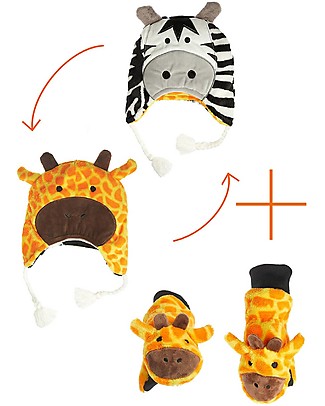 FlapJackKids Set Cappello Reversibile Zebra/Giraffa + Guanti Giraffa - Pile Anti-UV SPF 50+ Cappelli Invernali