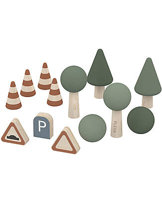 Flexa Accessori per Pista Auto in Legno - Alberi/Cespugli/Coni/Segni Stradali Giochi Montessoriani