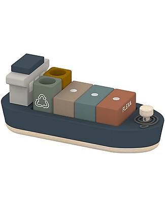 Flexa Nave Porta Container in Legno - Blu - con 5 Container e Magnete Macchine e Trenini in Legno