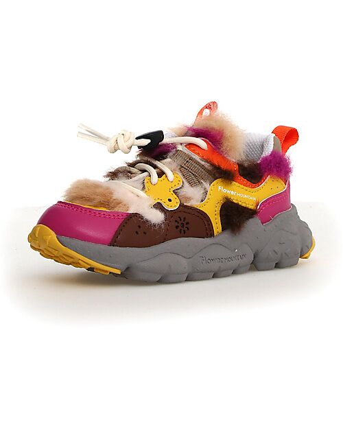 Flower Mountain Sneakers Yamano 3 Junior - Finto Pelo - Bordeaux/Marrone/Giallo - Ecopelle Sneakers