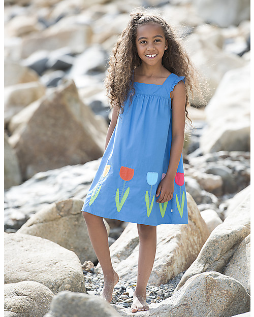 Frugi Abito Bimba Celia, Celeste/Fiori - 100% cotone bio Vestiti_