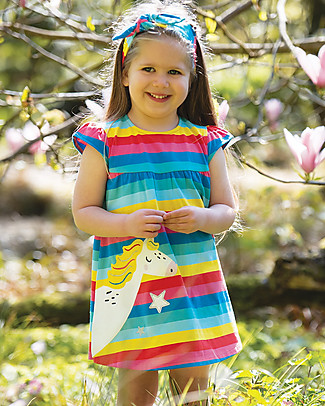 Frugi Abito Maniche Corte con Volant Little Lola - Multirighe/Unicorno - Cotone bio elasticizzato Vestiti
