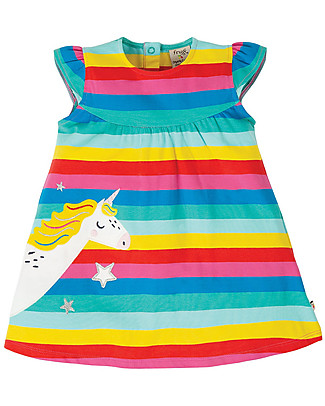 Frugi Abito Maniche Corte con Volant Little Lola - Multirighe/Unicorno - Cotone bio elasticizzato Vestiti