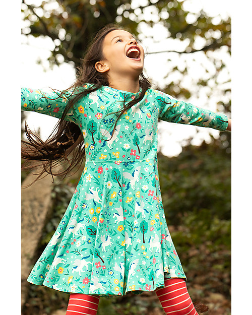 Frugi Abito Sofia Skater - Verde Acqua/Unicorni - Cotone Organico GOTS Vestiti_