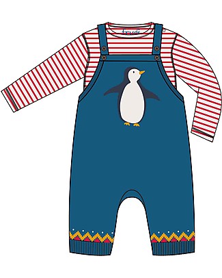 Frugi Addison Outfit Pinguino - Body+Salopette - a Righe Rosso/Blu - 100% Cotone Organico Completi e Set