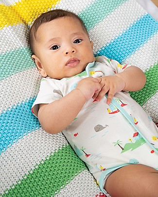 Frugi Body Bryn con Chiusura Frontale - Island Life - 100% Cotone bio Body Manica Corta