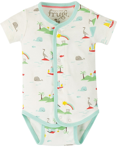 Frugi Body Bryn con Chiusura Frontale - Island Life - 100% Cotone bio Body Manica Corta