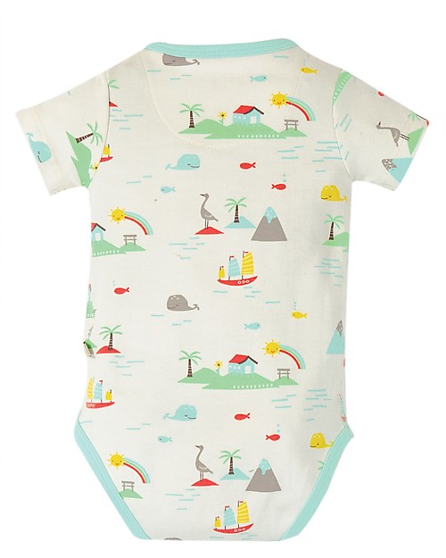 Frugi Body Bryn con Chiusura Frontale - Island Life - 100% Cotone bio Body Manica Corta