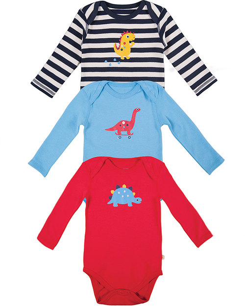 Frugi Body Manica Lunga (Pacco da 3) - Amici Dinosauri (0-3 mesi) - 100% Cotone Bio Body Manica Lunga