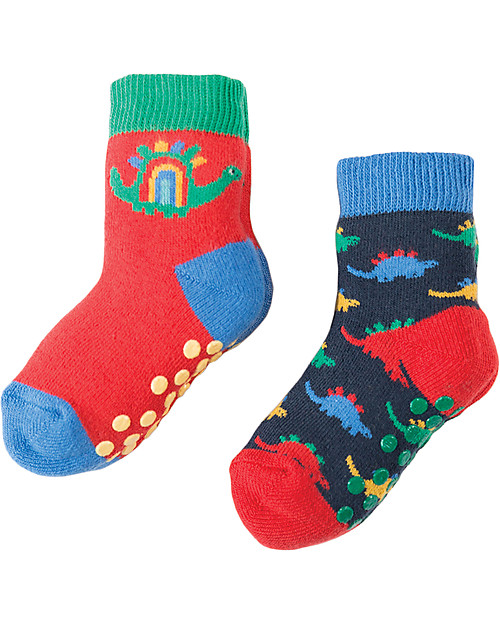 Frugi Calzini Antiscivolo Baby, Dinosauri - Pacco da 2 - Perfetti per i primi passi! Calzini Antiscivolo