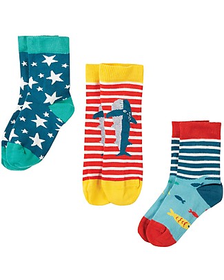 Frugi Calzini Rock my Socks Pacco da 3 - Squalo - Cotone Bio Elasticizzato Calzini