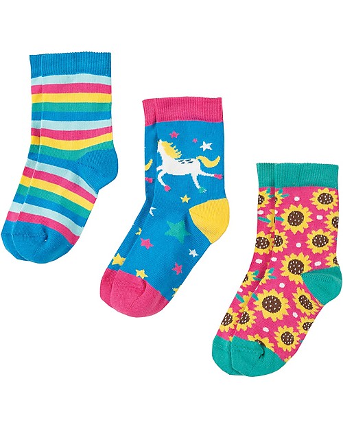 Frugi Calzini Susie (2-10 anni) Pacco da 3 - Unicorno - Cotone Bio Elasticizzato Calzini
