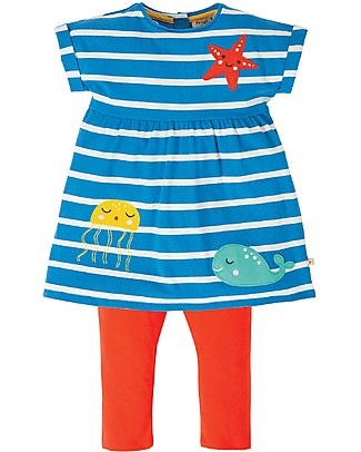 Frugi Completino Bimba Olive - Righe Azzurre/Sea Life - Cotone bio elasticizzato Top