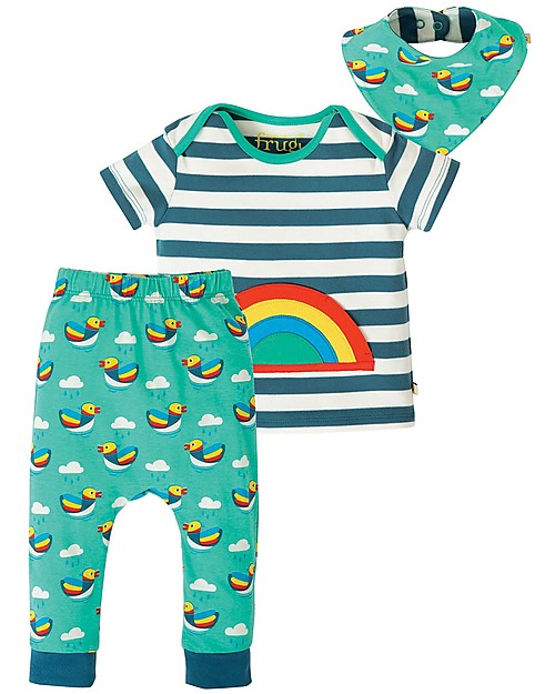 Frugi Completo Maglia+Pantaloni+Bavaglino Frankie - Arcobaleno/Righe Steely Blu - Cotone bio Leggings