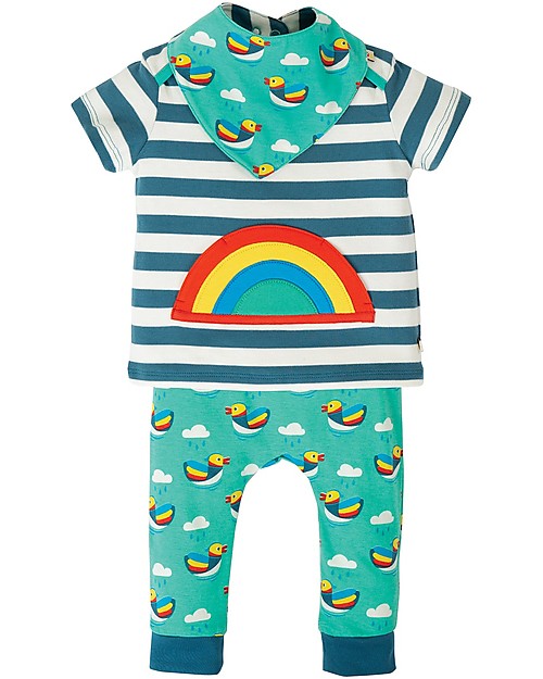 Frugi Completo Maglia+Pantaloni+Bavaglino Frankie - Arcobaleno/Righe Steely Blu - Cotone bio Leggings