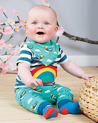 Frugi Completo Maglia+Pantaloni+Bavaglino Frankie - Arcobaleno/Righe Steely Blu - Cotone bio Top