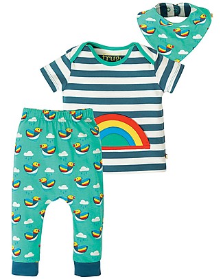 Frugi Completo Maglia+Pantaloni+Bavaglino Frankie - Arcobaleno/Righe Steely Blu - Cotone bio Top