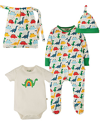 Frugi Completo Regalo Nascita - Dinosauri - Body+Tutina+Cappello Tutine Lunghe Con Piedi