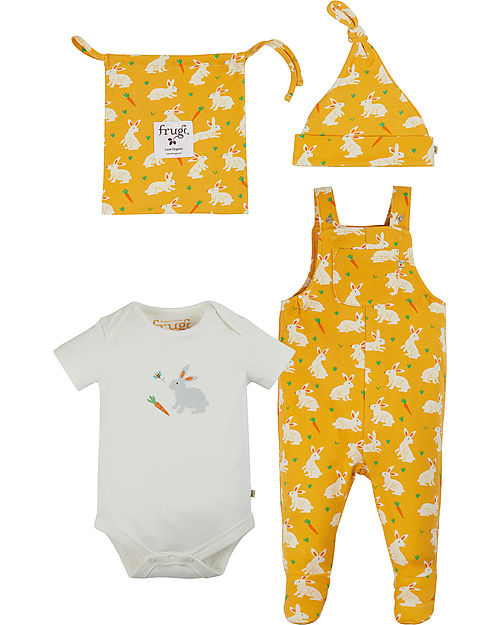 Frugi Completo Regalo Nascita Dungaree - Coniglietti - Body + Salopette + Cappello + Bustina - 100% Cotone Bio GOTS Completi e Set