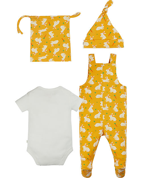 Frugi Completo Regalo Nascita Dungaree - Coniglietti - Body + Salopette + Cappello + Bustina - 100% Cotone Bio GOTS Completi e Set