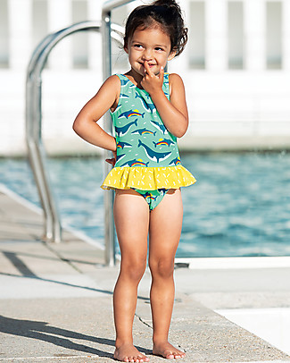 Frugi Costume da Bagno Intero Little Coral - Balene Arcobaleno - UV 50+ Costumi Interi