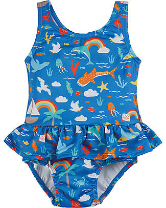 Frugi Costume da Bagno Intero Little Coral - Fishing for Rainbows - Blu/Arcobaleni e Creature del Mare - Eco-Friendly Costumi Interi