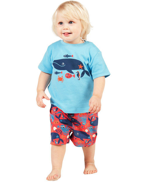 Frugi Costume da Bagno Pantaloncini Rossi Animali del Mare - 100% Cotone Bio Boxer Mare