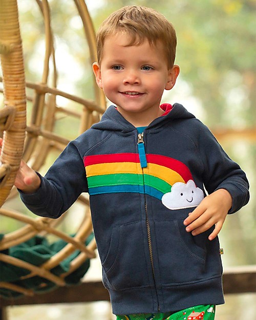 Frugi Felpa Hayle con Cappuccio - Indaco/Arcobaleno - Cotone Bio Felpe