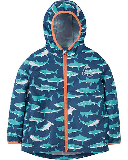 Frugi Giacca Impermeabile con Squali - Blu - Bottiglie Riciclate Impermeabili