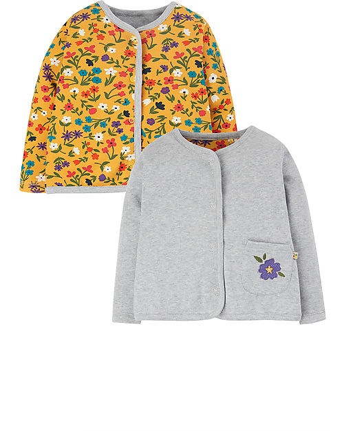 Frugi Giacca Reversibile Joyful - Grigio/Fiori - 100% Cotone Organico GOTS Cardigan