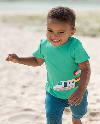 Frugi Maglia a Maniche Corte con Applique e Bottoncini Cooper - Treno/Verde Acqua - Cotone bio T-Shirt e Canotte