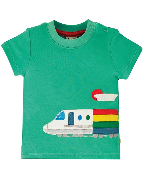 Frugi Maglia a Maniche Corte con Applique e Bottoncini Cooper - Treno/Verde Acqua - Cotone bio T-shirt