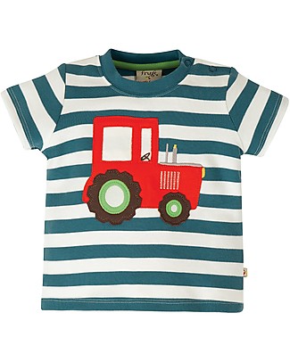 Frugi Maglia a Maniche Corte con Applique e Bottoncini Little Wheels - Righe/Trattore - Cotone bio Top