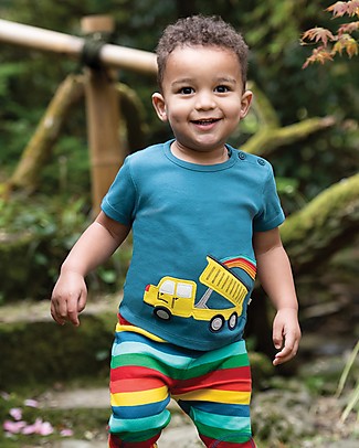 Frugi Maglia a Maniche Corte con Applique e Bottoncini Scout - Steely Blue/Camion - 100% cotone bio Top