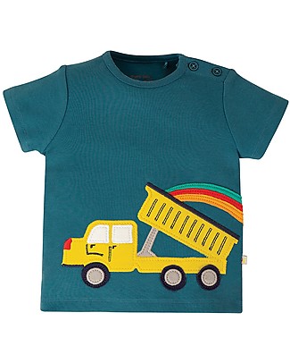 Frugi Maglia a Maniche Corte con Applique e Bottoncini Scout - Steely Blue/Camion - 100% cotone bio Top