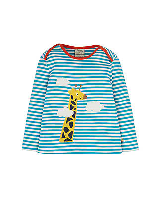 Frugi Maglia a Maniche Lunghe Bobby - Bianca con Strisce Azzurre - Giraffa - Cotone Bio Maglie Manica Lunga