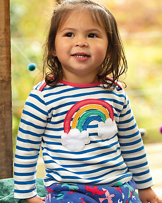 Frugi Maglia a Maniche Lunghe Bobby - Bianca con Strisce Blu Cobalto - Arcobaleno - Cotone Bio Maglie Manica Lunga