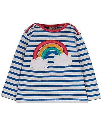 Frugi Maglia a Maniche Lunghe Bobby - Bianca con Strisce Blu Cobalto - Arcobaleno - Cotone Bio Maglie Manica Lunga