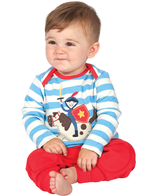 Frugi Maglia a Righe Bobby il Cavaliere - Blu con Applique - 100% Cotone Bio Maglie Manica Lunga