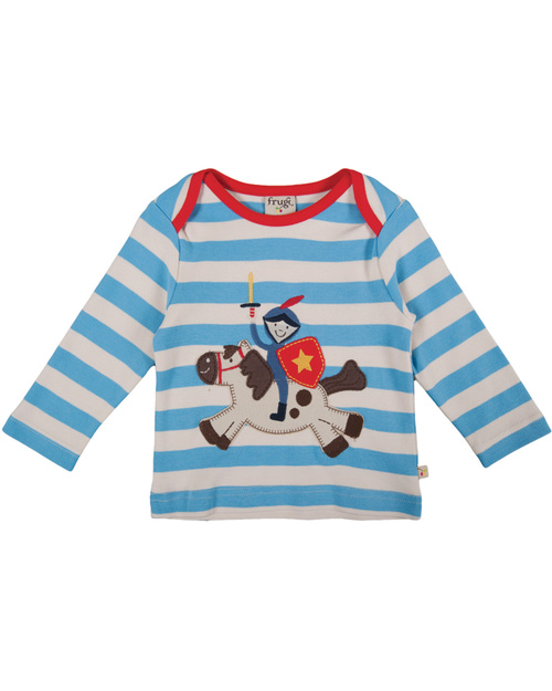 Frugi Maglia a Righe Bobby il Cavaliere - Blu con Applique - 100% Cotone Bio Maglie Manica Lunga