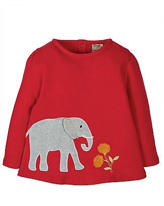 Frugi Maglia Bimba con Applique Connie - Rosso/Elefante - Cotone bio Maglie Manica Lunga