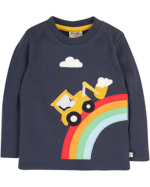 Frugi Maglia con Applique Adventure - Blu Indaco/Arcobaleno e Ruspa - Cotone bio Maglie Manica Lunga