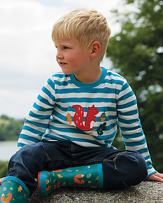 Frugi Maglia con Applique Aspen - Righe Blu/Scoiattolo - Cotone bio Maglie Manica Lunga